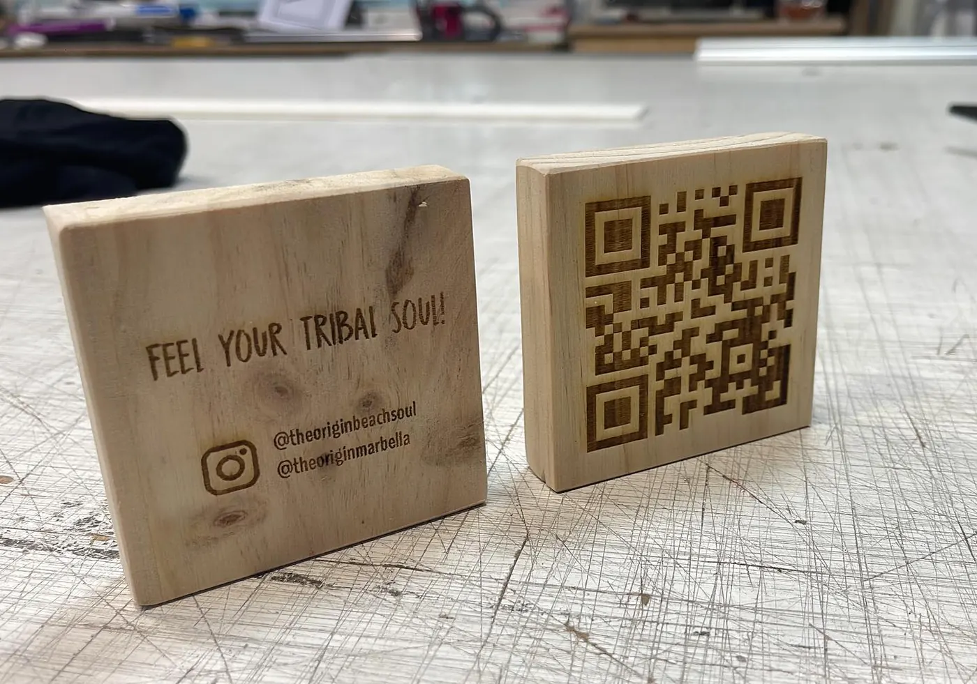 Laser-engraved wooden blocks with a QR code